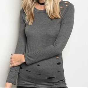 Tops - Charcoal Distressed High/Low Top Tops - Charcoal Distressed High/Low Top